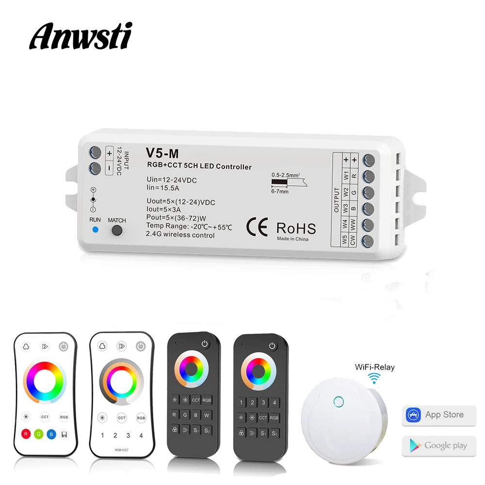 

RGBCCT LED Controller 12V 24V 5CH PWM RF Wireless Remote Smart Wifi RGBWW Controller for 5050 2835 RGBWW RGBCCT LED Strip V5-M