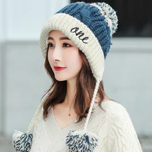 HT2710 вязаная шапка с тремя помпонами шапка-ушанка шапки осень/зима для женщин Толстая теплая шапка бини Лоскутная зимняя шапка для женщин