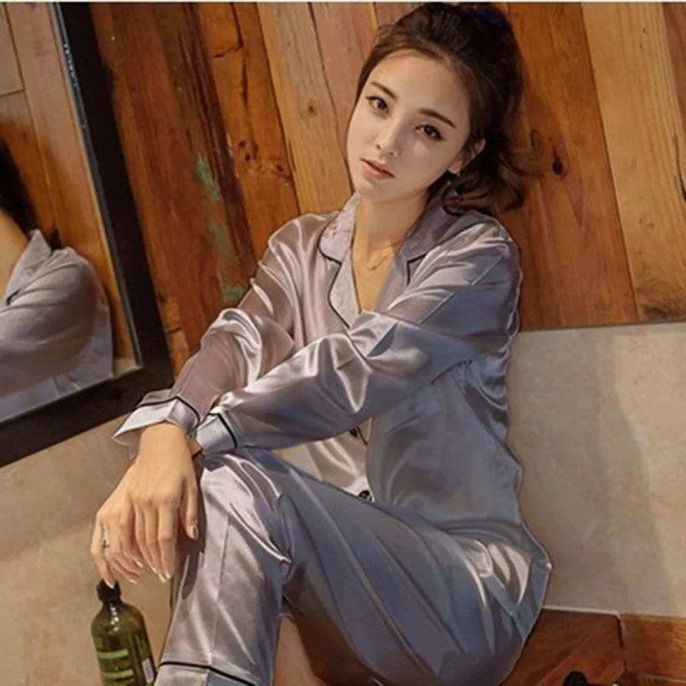 Женский пижамный комплект из искусственного шелка в Корейском стиле, мягкая Пижама, весна, модная гладкая Домашняя одежда с длинным рукавом, домашняя одежда, ночная рубашка