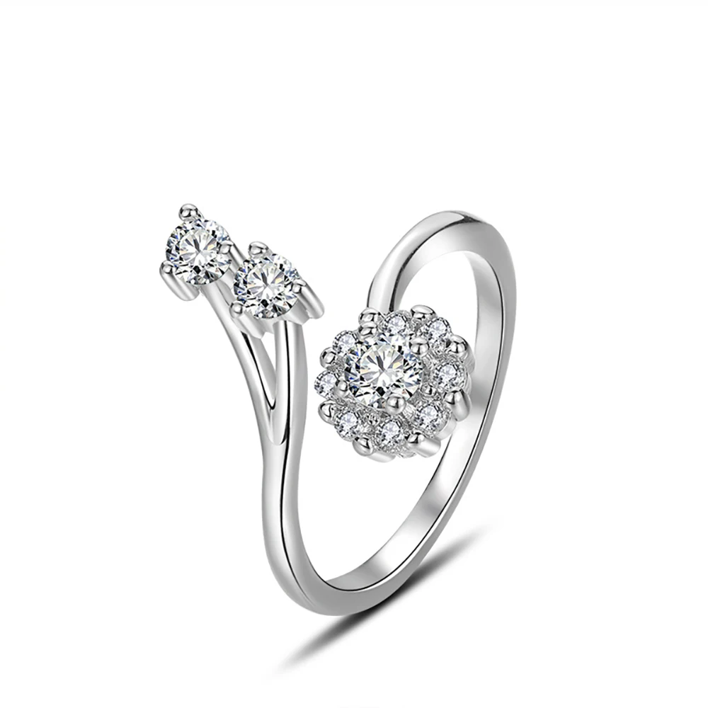 

New Trendy 925 Silver Clear Zircon Cute Round Flower Open Ring For Women Resizable Tail Ring Gift Female Korea Jewelry
