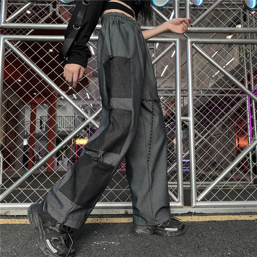 Корейский ulzzang ins Harajuku широкие брюки с карманами высокая эластичная талия Свободные Уличная Стиль Весна Осень новая женская одежда
