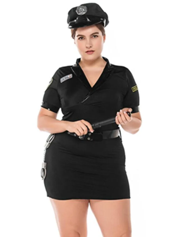 Plus Size Adult Female Police Officer Costume Policewomen Black Cop Uniform Halloween Police Women Cosplay Fantasia Outfit