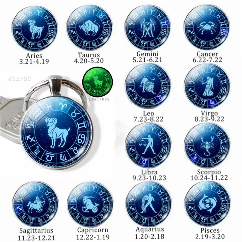 

Fashion Jewelry 12 Zodiac Signs Glass Cabochon Luminous Kerchain Keyring for Friends Birthday Gifts