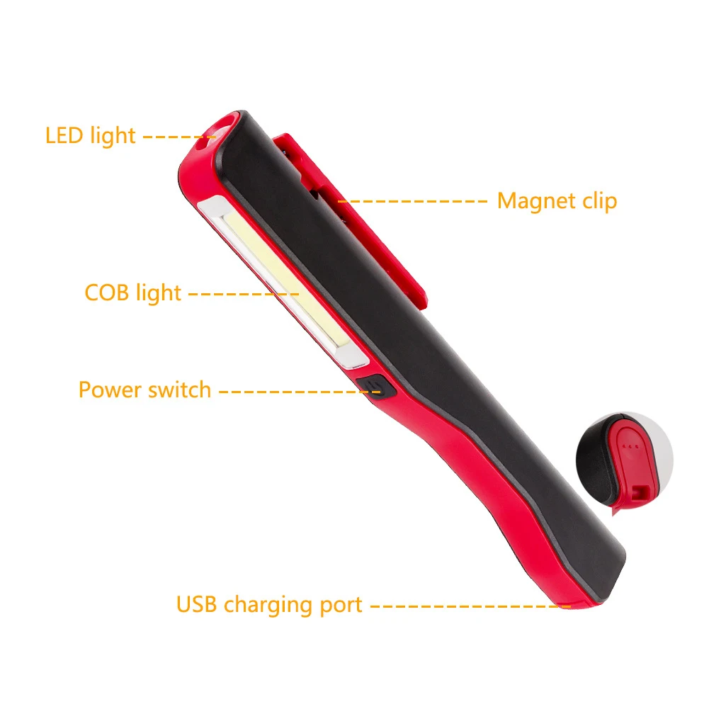 lanterna de led recarregável usb para caneta de trabalho de bolso com recarga magnética
