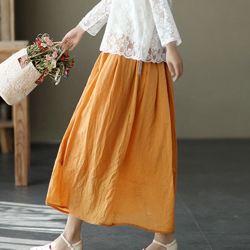 Skirts Women Summer Cotton Linen Comfortable Ankle Length Elegant Fairy Minimalist Chinese Style 6-colors Casual A-line Solid