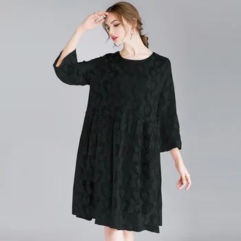 

Simple Solid Color Plus Size Womens Dress 2020 Spring Fashion Hollow Lace Seven Point Sleeves Stitching Back Lacing Loose Dress