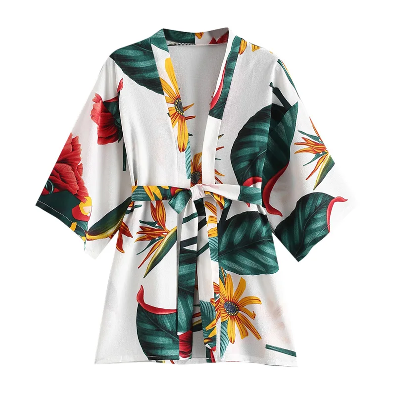 

2020 Women Swimsuit Bikini Wrap Plant Print Kimono Style Cover Up with Belt Cover-ups Sexy Summer Beach Dress Tunic Beachwear