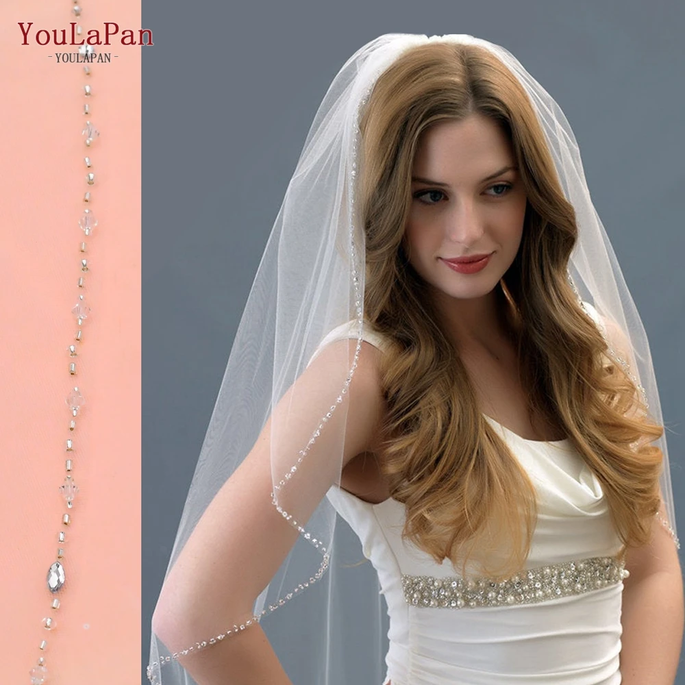 YouLaPan V31 Wedding Veil with Crystal Edge Bridal Veils Wedding Crystal Organza Beaded Sparkly Veil Short with Comb bridal veil