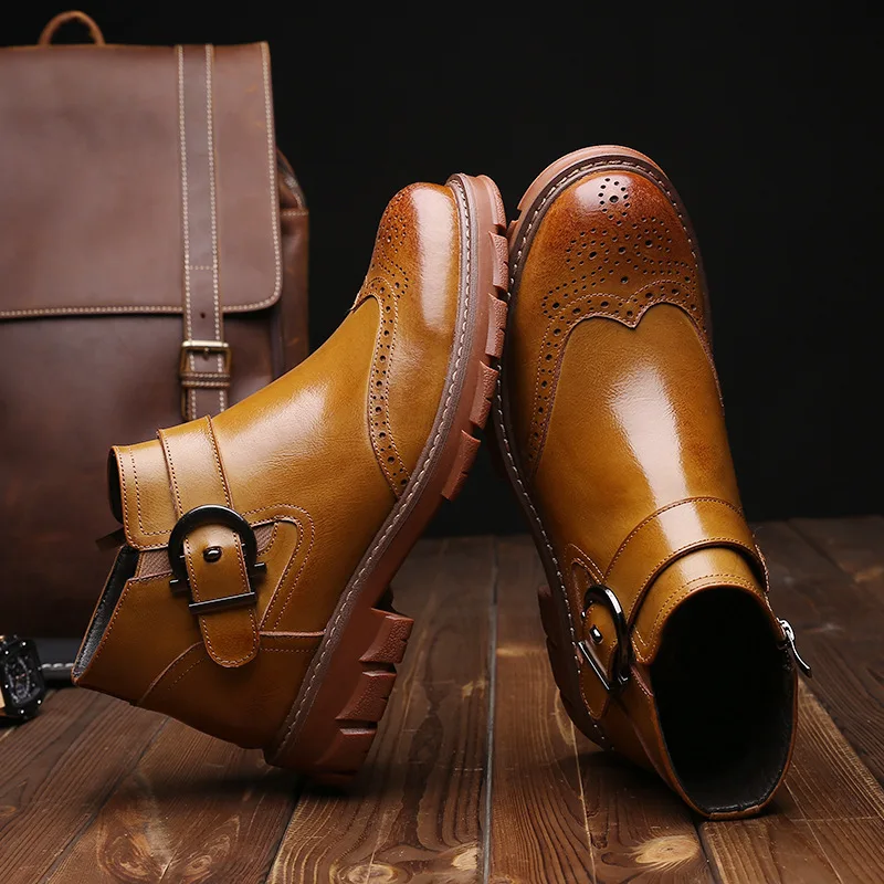 Autumn Winter Fleece Shoes Men Brogue Boots Genuine Leather Shoes Warm Plush for Cold Winter Men Ankle Boot Cow Leather Footwear