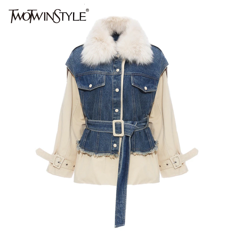 TWOTWINSTYLE лоскутное деним с мехом хлопковое пальто для женщин длинным рукавом хит