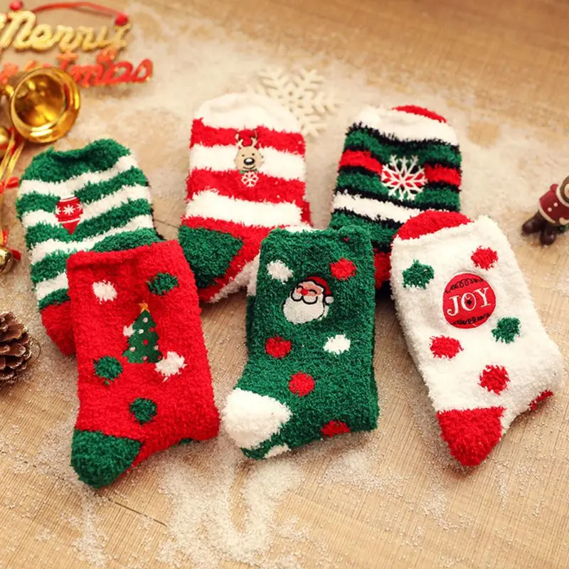 6 Pairs Womens Winter Fuzzy Slipper Socks Christmas Embroidery Thermal Hosiery Y1AC
