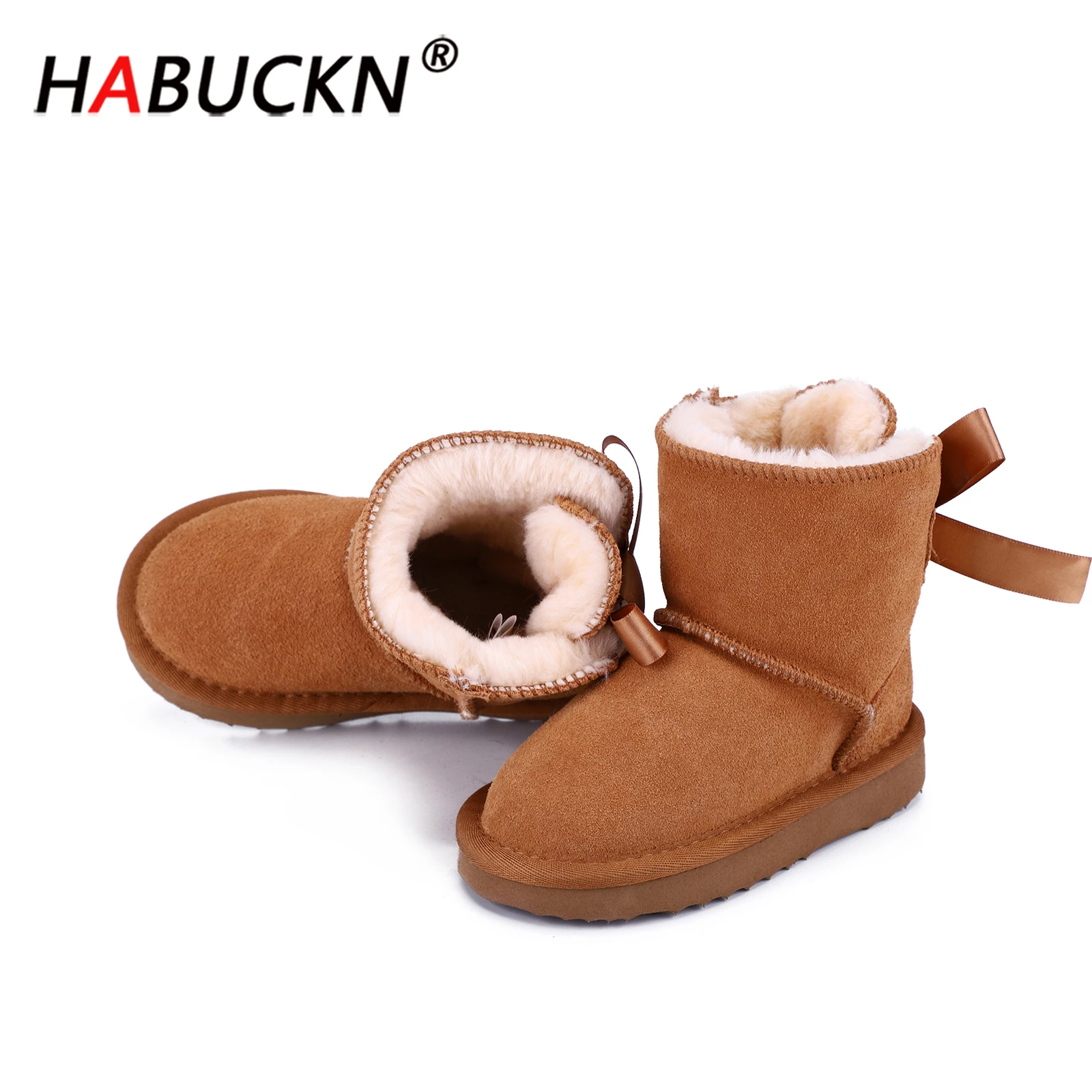 

HABUCKN Fashion Children's Warm Snow Boots Winter Boots Genuine Cowhide Leather Kids Boots mid-calf Boots Fur Boy and girl Shoes