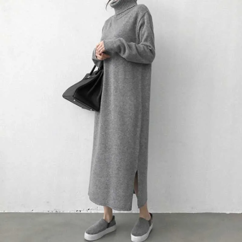 One-Piece For Female Knitted Sweater Long Dress 2020 Autumn Plus Size Loose High Neck Dress Women Winter Korean Thicken Dresses