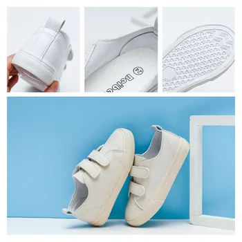 

2020 New Low Band Children's Casual Shoes Boys 'Board Shoes With Double Hook&Loop Design Solid Color Leather Girls' White Shoes