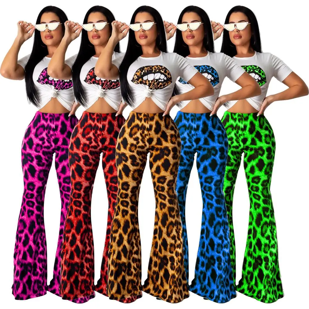 

2019 Autumn Women leopard mouth t-shirt leopard print wide leg pants suit two piece set fashion tracksuit outfit 4 color GLTS968