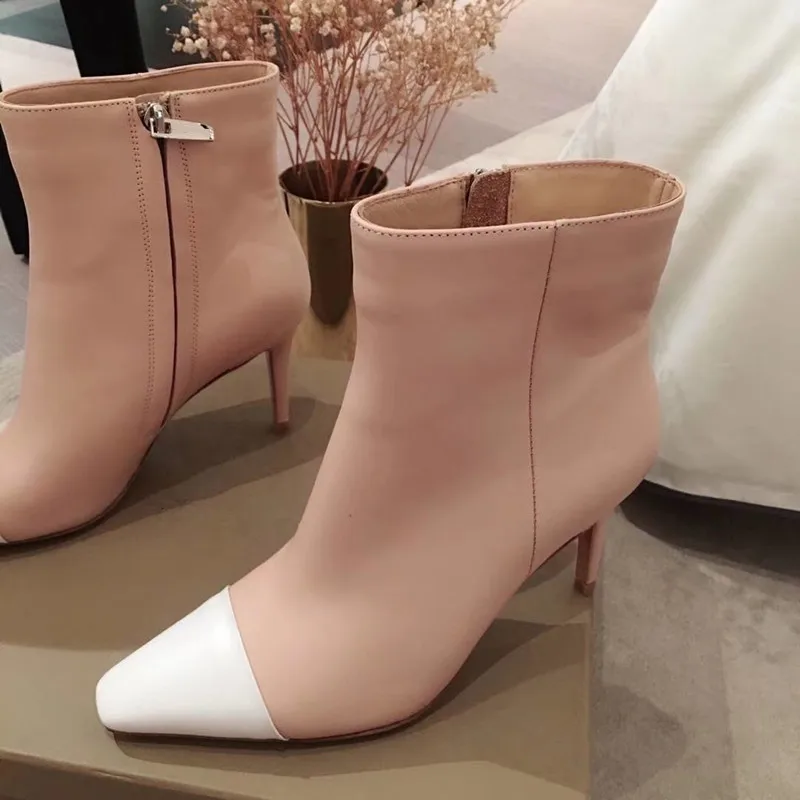 

2019 women female slip on colorblocked pointed toe genuine leather ankle boots booties