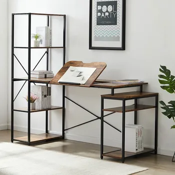 

Computer Desk Brown Office Furniture Desktop Laptop Table Adjustable Tilting Panel Open Storage Shelf Practical Home Decoration