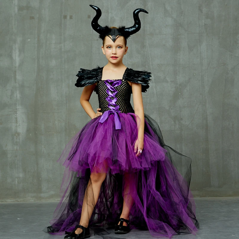

Halloween Maleficent Evil Dark Queen Girls Tutu Dress With Horns Wicked Witch Kids Cosplay Party Ball Gown Costume Fancy Clothes
