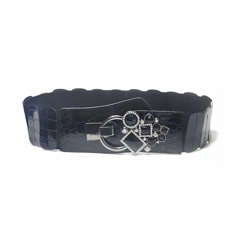 

New Style Punk Faux Leather Elastic Wide Belt With Rhinestone Inlaid Pair Buckle Ladies Wide Girdle QZ0362