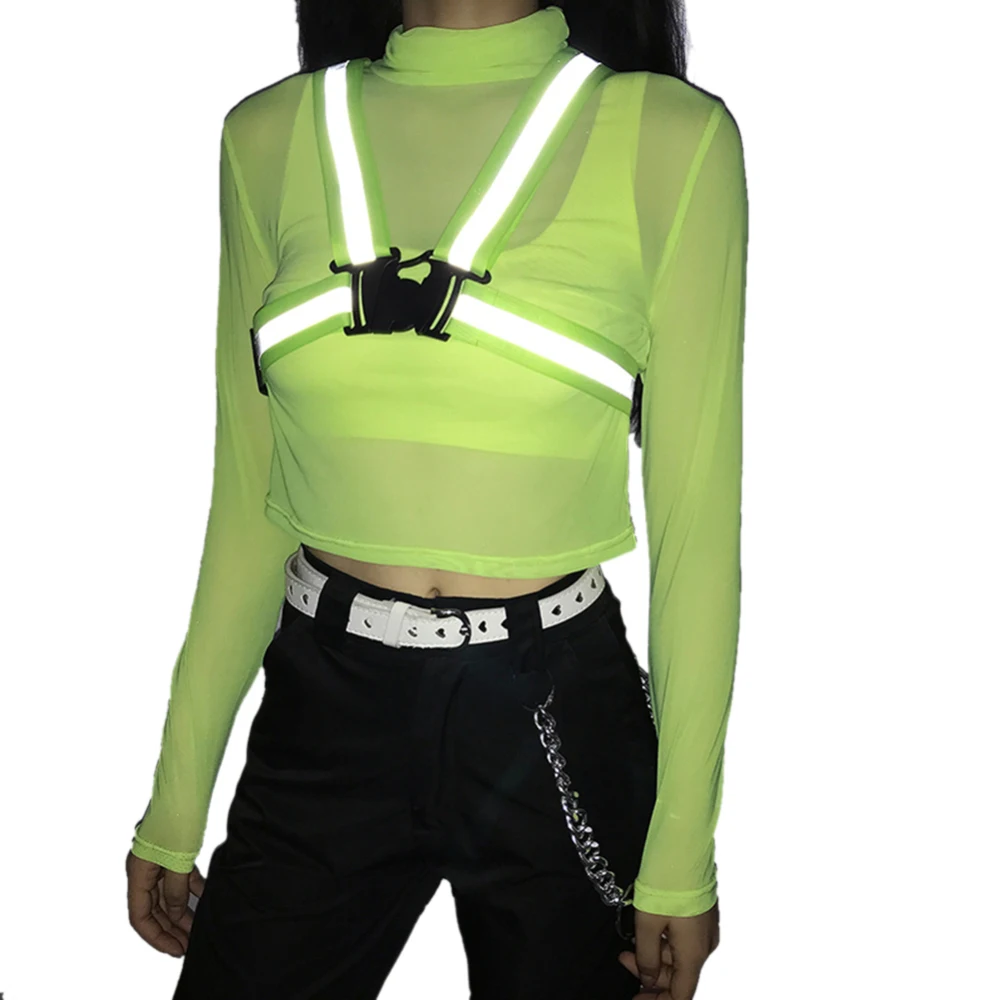 

High Collar Fluorescent Color Crop Tops Tees Transparent Mesh T Shirts Long Sleeve Short Paragraph Sunscreen Shirt with Reflect