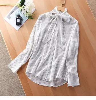 

New Silk White Polka Dot Print Women Blouse Tie Bow Ribbon Neck Lady Office Long Sleeve Shirt Tops