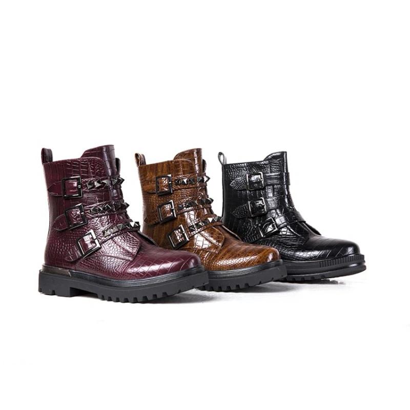 REAVE CAT Girls Motorcycle Ankle Boots Big Buckles Plush warm Leather Waterproof Boots Rome Style Round Toe Platform Size 25-38