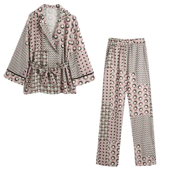 

2020 New Women Two Piece Set Geometric Printed Loose-fitting Belt Tops Blouse & Wide-leg pants trousers High-waist elastic waist