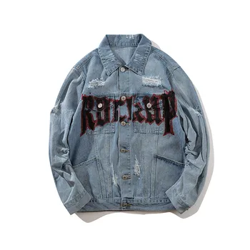 

MORUANCLE Men's Fashion Hi Street Destroyed Rock Jean Jackets Letter Printed Streetwear Ripped Denim Trucker Jacket Outerwear