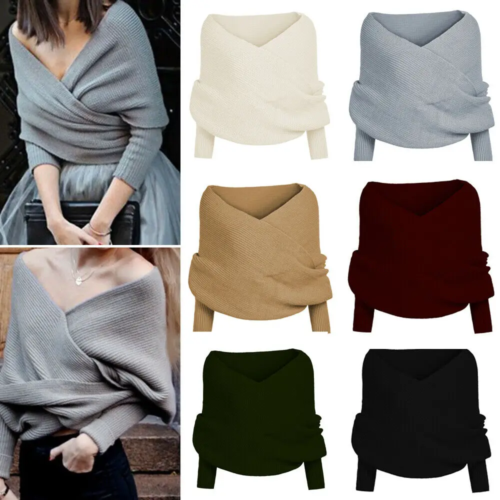 

Elegant Deep V Neck Lantern Sleeve Cross Wrap Sweater Women Spring autumn OL Knitted Jumper Ladies Warm Shawl Scarves Tops