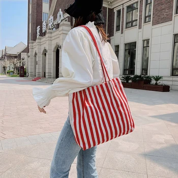 

2020 New Contrast Color Striped Shoulder Bags For Women Large Capacity Casual Canvas Tote Bags Female Daily Eco Shopping Bag