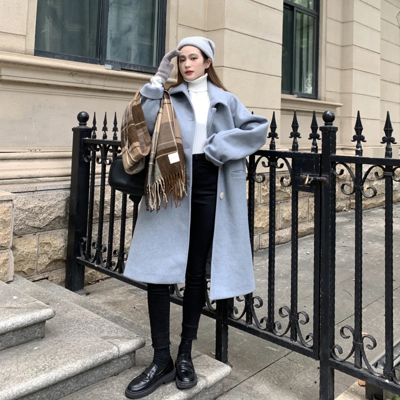 

Autumn And Winter Loose Solid Color Over The Knee Mid-Length Windbreaker Lapel Thick Woolen Coat Jacket