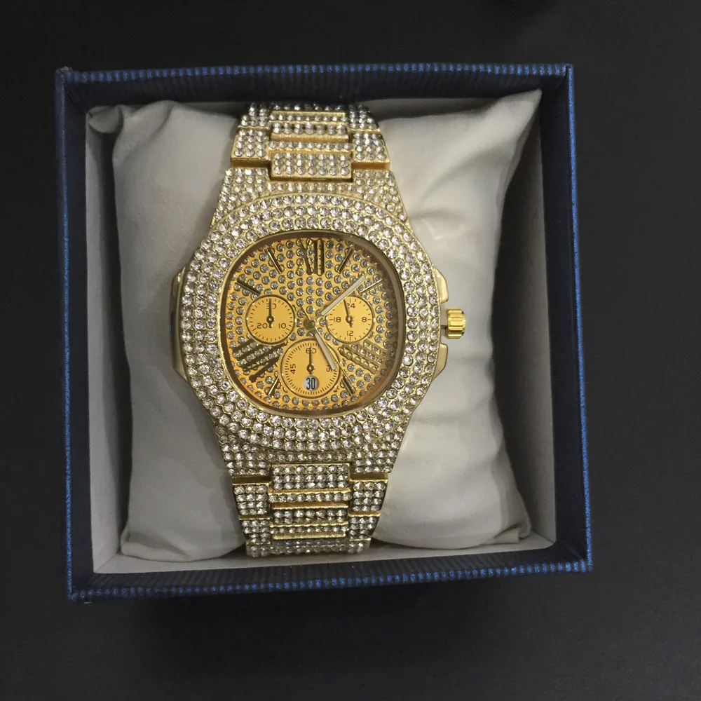 Роскошные мужские часы с золотыми бриллиантами, ювелирные изделия в стиле хип-хоп, стильные часы и ожерелье, комбинированный набор, ожерелье в стиле хип-хоп, цепочка на льду, кубинские мужские часы - Цвет: Кофе