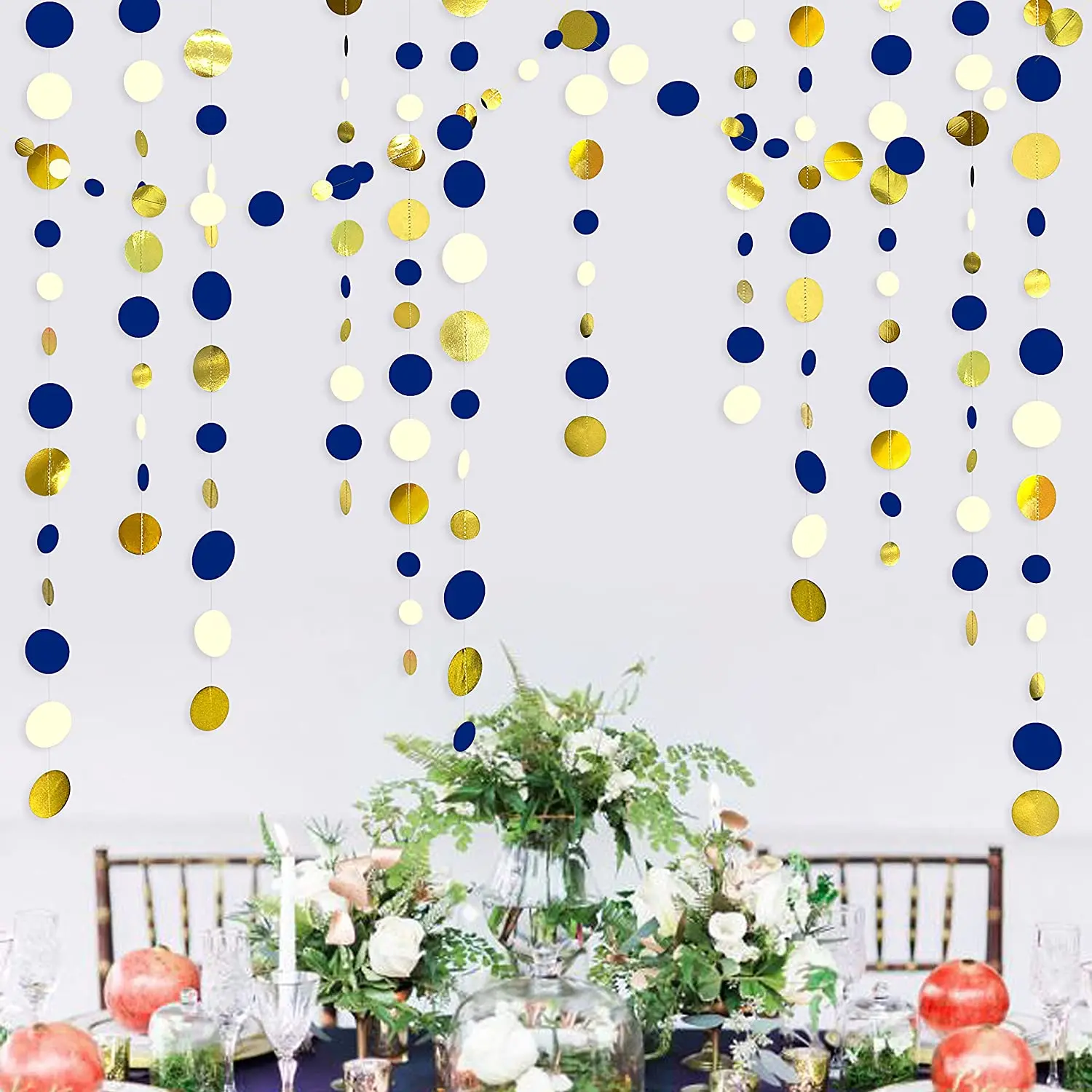 11 Ft Navy Blue Gold Beige Paper Circle Dots Garland Hanging Paper Polka Dot Streamer Royal Blue Birthday Baby Shower Decoration