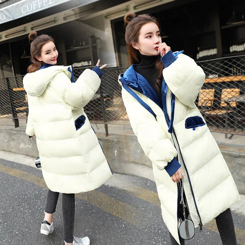 

Thick Contrast Color Students Hooded over-the-Knee Warm Cotton-padded Clothes 2019 Winter New Style Korean-style Slim Fit Cotton