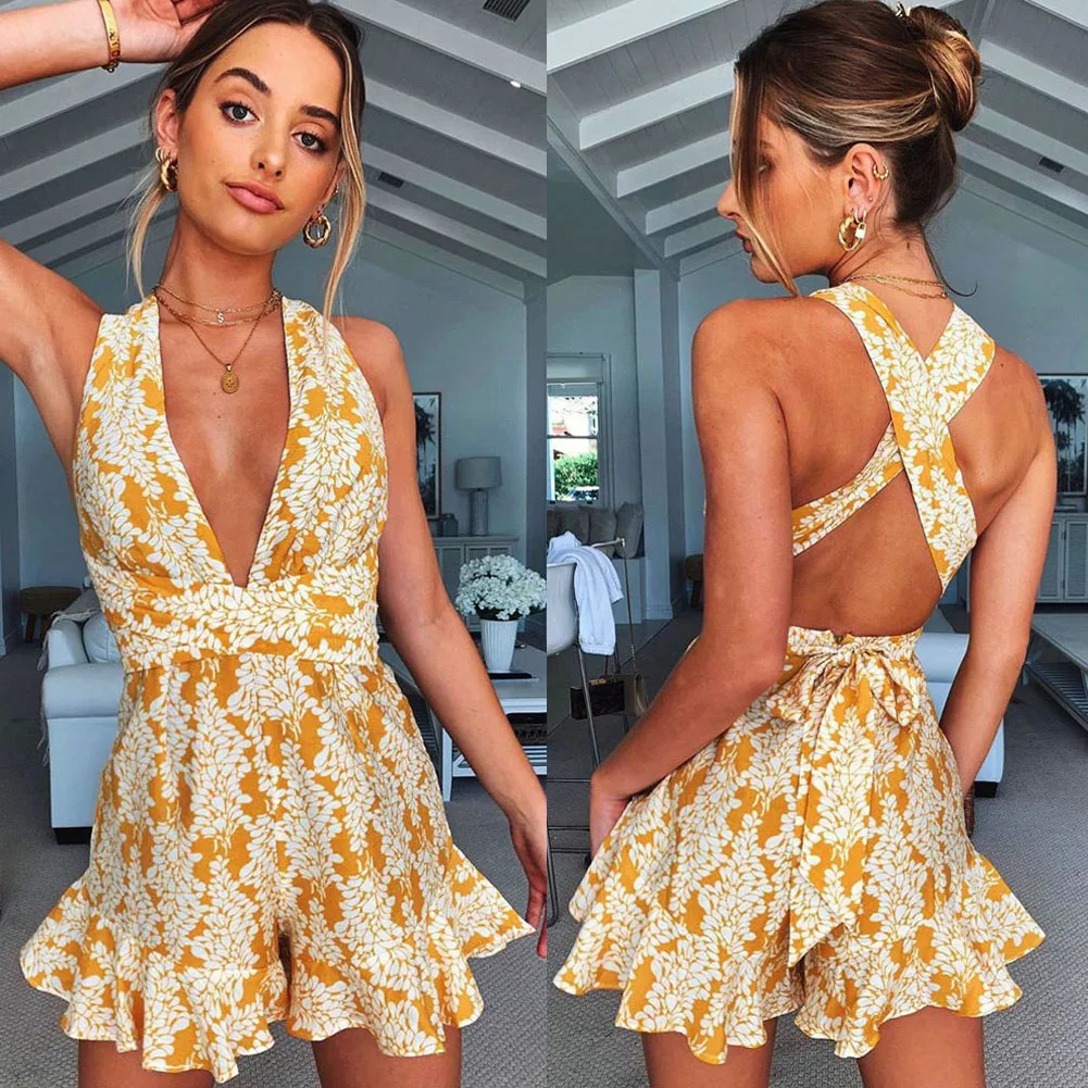 Mono de gasa con estampado Floral bohemio para mujer, peto Sexy sin mangas con cuello Halter, mono con espalda descubierta, ropa de playa