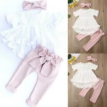 

Newborn Kid Baby Girl Clothes Lace T-shirt Hollow Tops Bow Pants Leggings Outfit