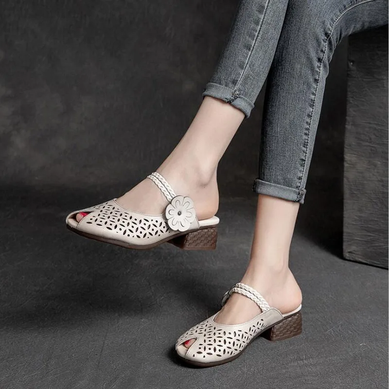 

RUSHIMAN 2021 New Summer Round Head Women's Slippers Genuine Leather Peep Toe Square Heel Slipper Brand Sandals Woman Casual Lad