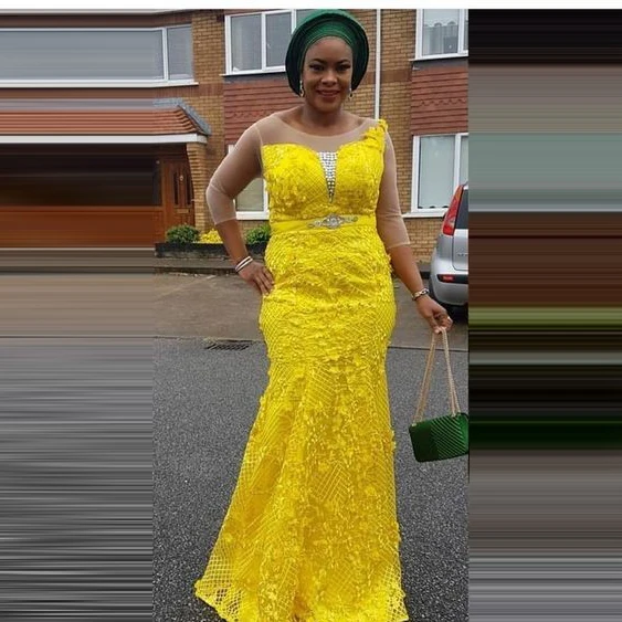 Женское вечернее платье с юбкой годе Aso Ebi желтое длинное рукавами 3/4 и круглым