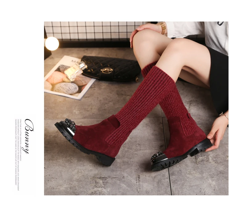 Prova Perfetto; Botas Mujer; зимние вязаные ботинки; обувь до середины икры на плоской подошве с цветными кристаллами; женские эластичные теплые слипоны; Новинка