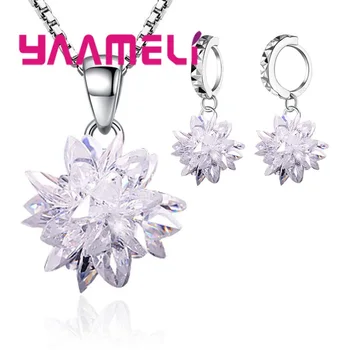 

Fashion Women's Wedding Pendant/Necklace/Chain Jewelry Set Clear Crystal Statement Ice Flower 925 Sterling Silver Jewellery