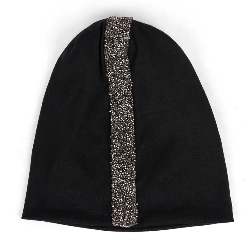 Geebro золотые стразы Skullie Beanies для женщин женские шапки Bonnets зимние хлопковые эластичные шапки повседневные однотонные шапки DZ935 - Цвет: Gray Black