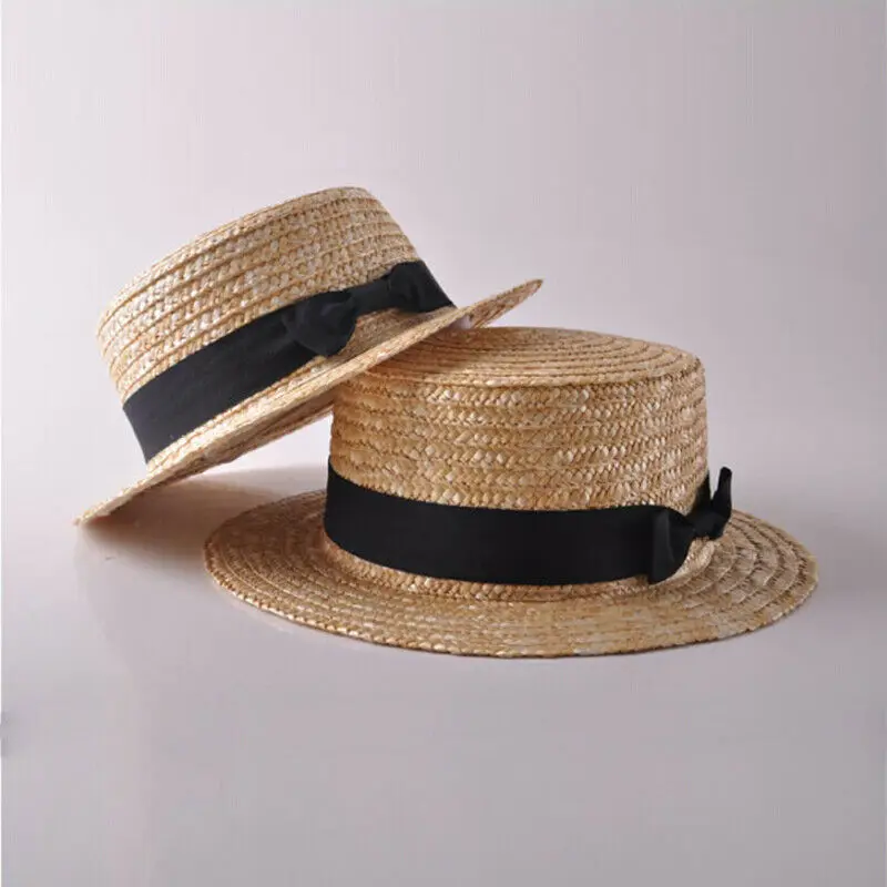 Women's Kids Girls Straw Bowler Boater Sun Hat Round Flat Caps Brim Summer Beach