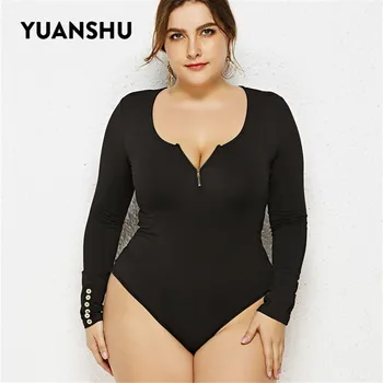 

YUANSHU Large Size Sexy Bodysuit Women Elastic Bottom Female Romper O Neck Zipper Autumn Winter Plus Size Ladies Top Shirt 6XL