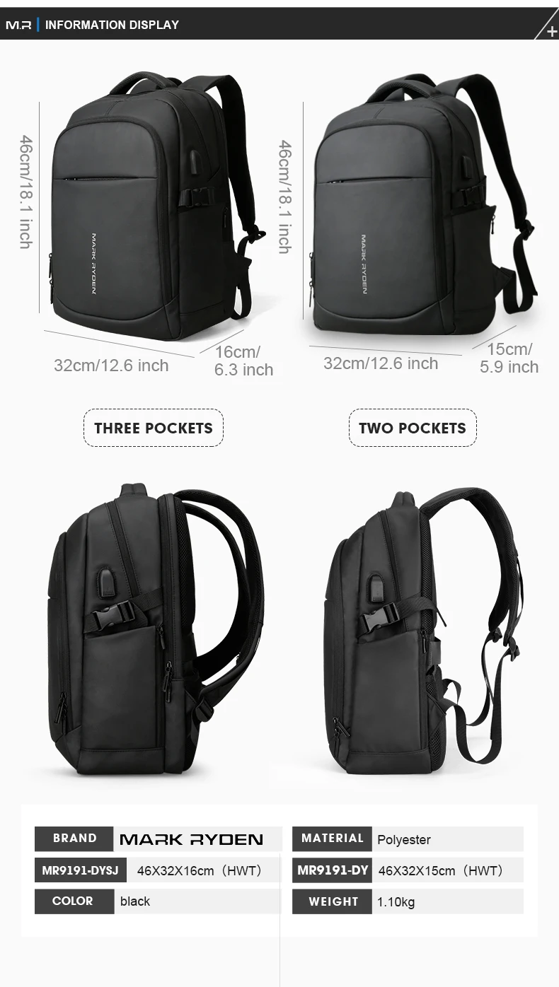 Mark Ryden, мужской рюкзак, многофункциональный, водонепроницаемый, 15,6 дюймов, для ноутбука, многослойный, с карманами, сумка, мужская, usb зарядка, школьный рюкзак