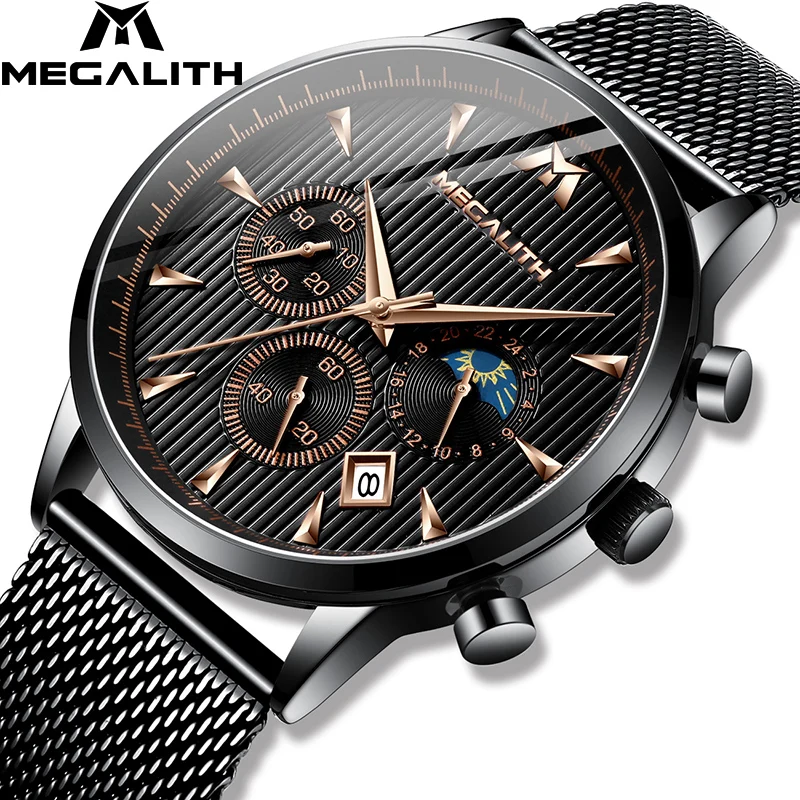

MEGALITH Watch Men Military Sport Chronograph Watch Waterproof Steel Mesh Strap Analog Quartz Man Clock Relogio Masculino 8026