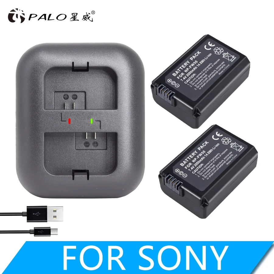 PALO 2 шт. 2000 мАч NP-FW50 NP FW50 батарея для камеры+ светодиодный USB двойное зарядное устройство для sony Alpha a6500 a6300 a6000 a5000 a3000 NEX-3 a7R