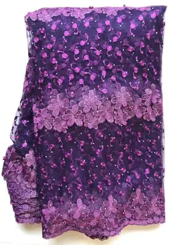 

purple High quality embroidery African net lace fabric beads/pearls French tulle lace material for dress 5 yards/lot NLL4713