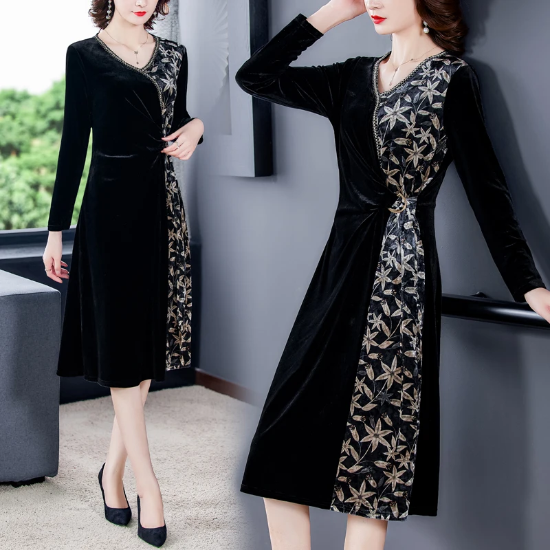 

Large Size 4XL Velvet Dress Middle-aged Women Elegant Spring Autumn Long Sleeve Patchwork Dress Mom Midi Slim Waist Vestidos