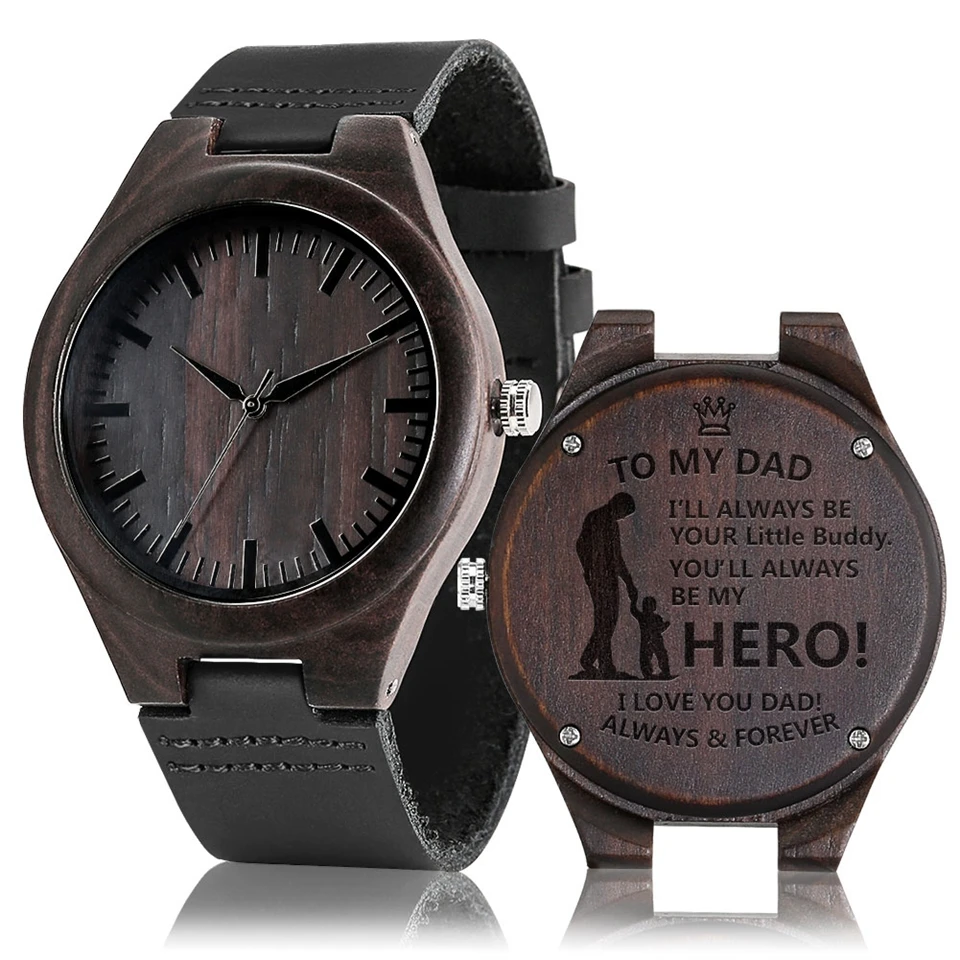 Best Dad Ever Engraved Word Full Black Men's Ebony Wood Watches Retro Personalized Text Wooden Clock Souvenir Gifts for Men Dad
