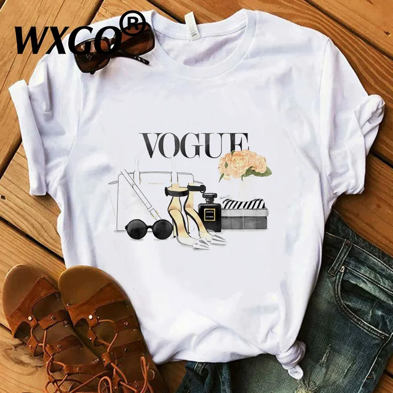 

Paris Style T Shirt Women Cotton Summer Shirt Lady Floral Earring Pink High Heel Cat Tops Gift Harajuku Luxury T-shirt women